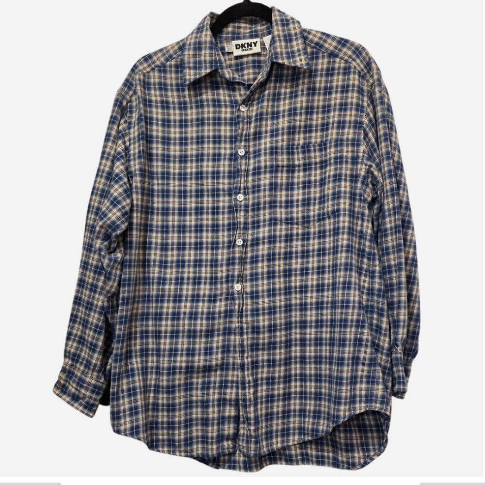 Vintage DKNY • Navy & Tan Men's Flannel Shirt. Sz S